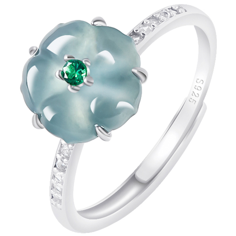 Rings - Blauwe Birmese Jadeiet Bloemenringen 925 Zilver