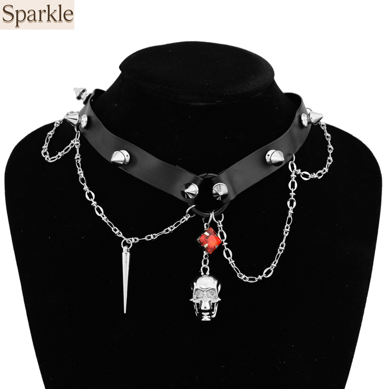 Goth Punk Spike Choker - Donkere schedel lederen choker, Y2K zware