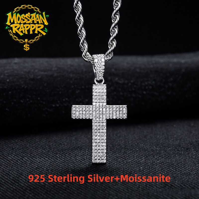 925 Sterling Silver Chain Necklace Men - MossanRappr Moissanite Bling Cross Hanger Iced