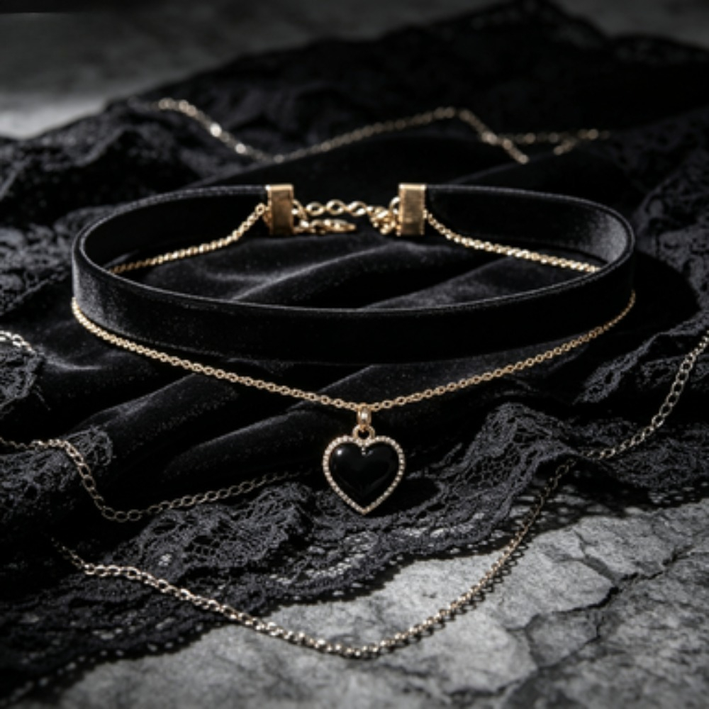 Layered Pendant Necklace Aesthetic - Meerlaagse zwarte perzikvormige hanger choker, gotische
