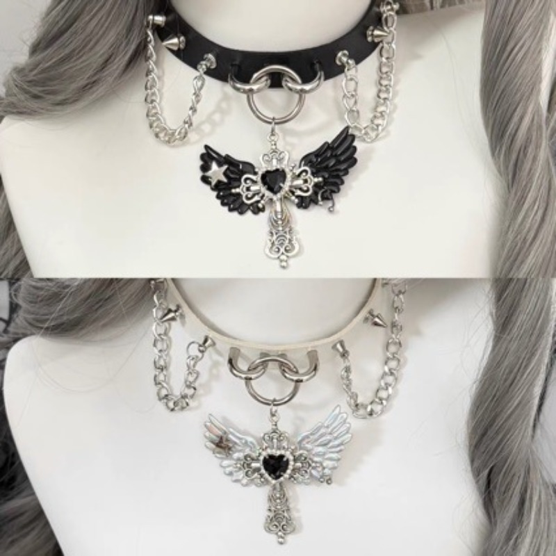 Layered Pendant Necklace Aesthetic - Gotische Subcultuur Engelenvleugel Kruis Hanger Trui